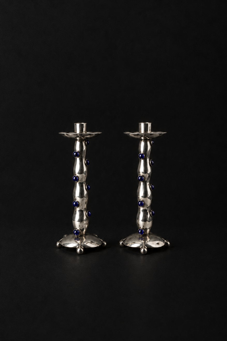 VINTAGE PAIR OF SILVER PLATED CANDLE HOLDERS WITH BLUE ACCENTS