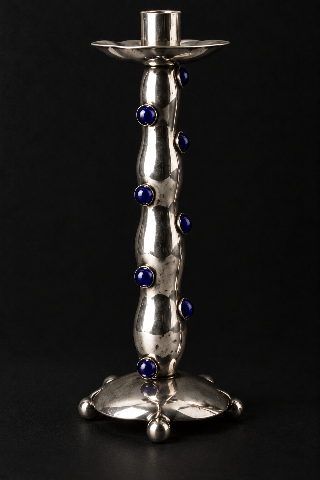 VINTAGE PAIR OF SILVER PLATED CANDLE HOLDERS WITH BLUE ACCENTS