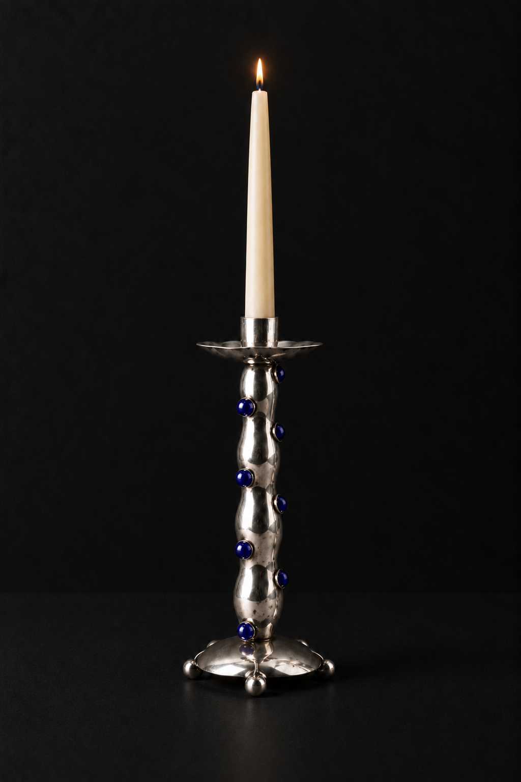 VINTAGE PAIR OF SILVER PLATED CANDLE HOLDERS WITH BLUE ACCENTS